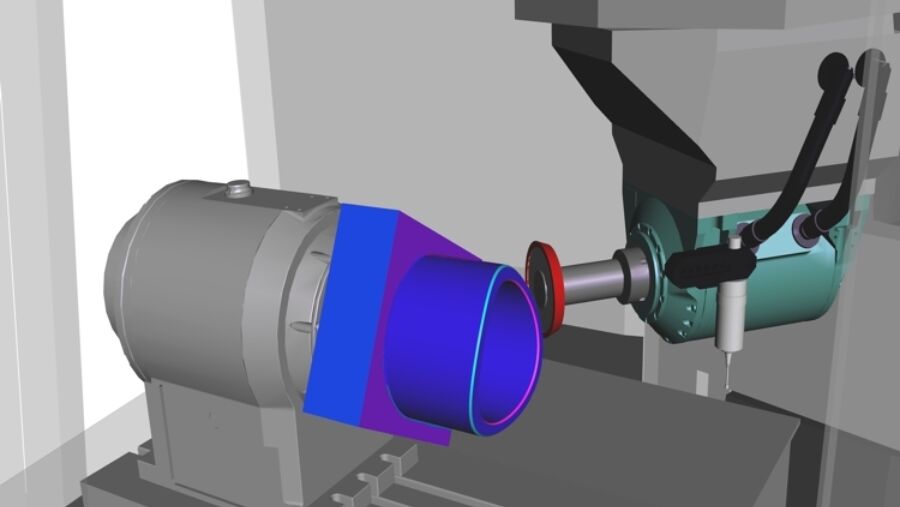 Erweiterte Maschinensimulation mit 3-D-Modell und Schleifscheibe bei der Bearbeitung der Eckenfase