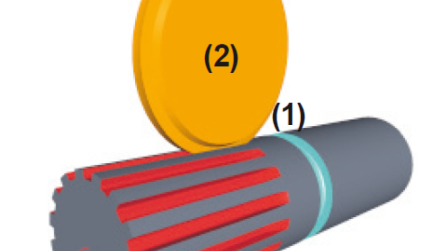 Illustr. 5 : Rayon de sortie indésirable de l’espace vide (1) car diamètre trop grand de la meule abrasive (2) au niveau de la sortie. Une meule plus petite doit ici être utilisée.
