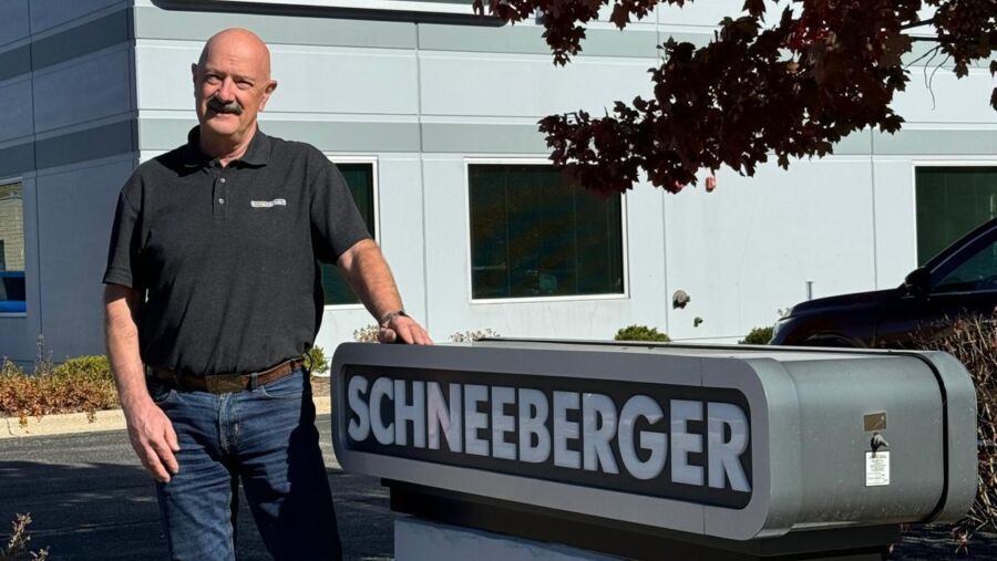 Rolf Herrmann in front of the J. SCHNEEBERGER Corp. in Elgin, USA